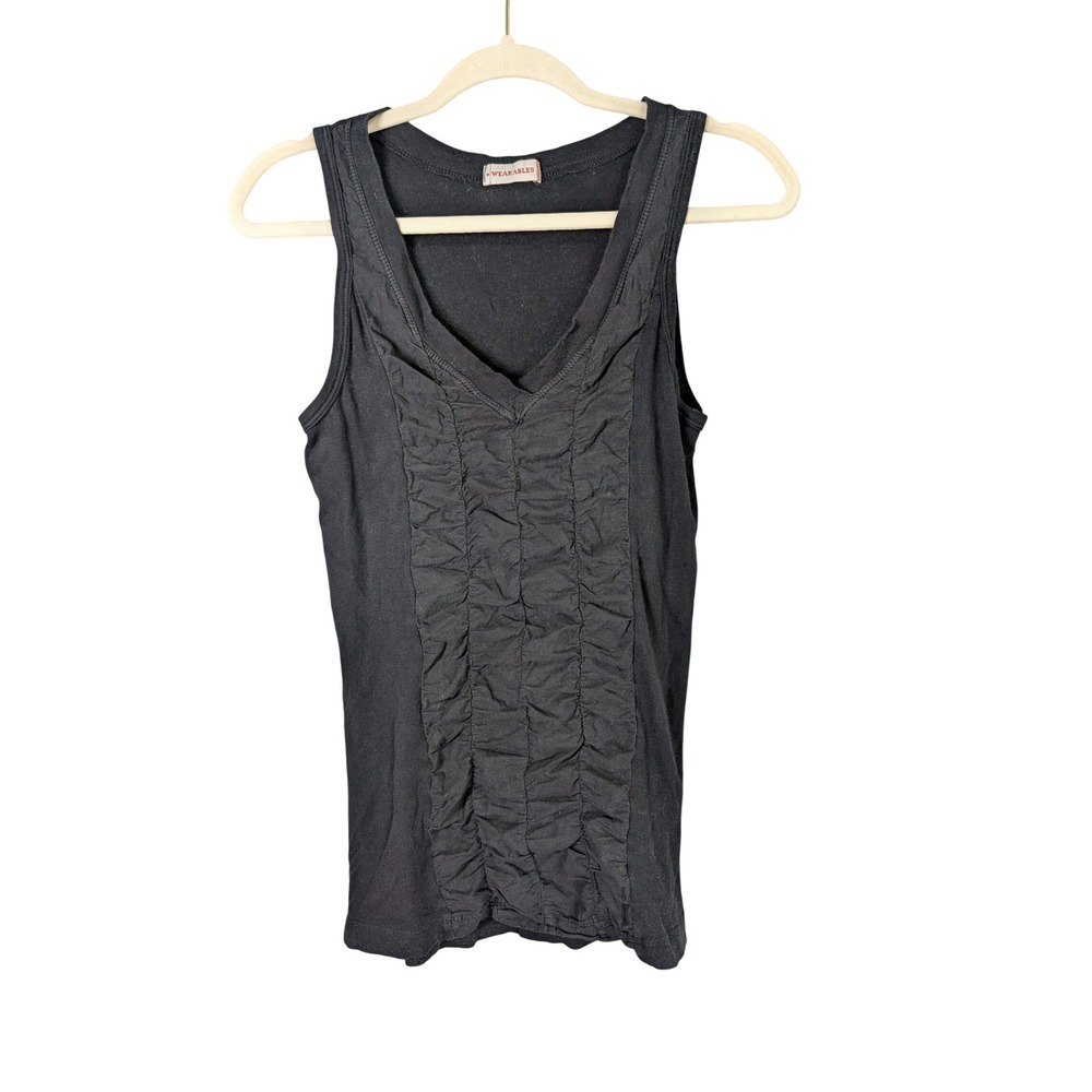 Wearables Tank Top Womens S Black Ruched Front V-Neck Cotton